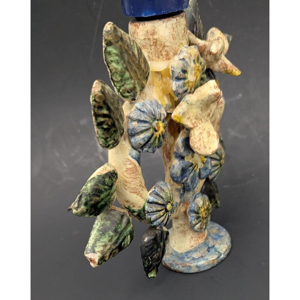 Mexican Antique Tree Of Life 7" Candelabra Flowers Doves Terra Cotta Blue Green - Picture 7 of 9